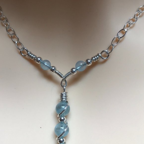 Aquamarine Sterling Silver Necklace- Y Style Aquamarine Necklace - Picture 4 of 6
